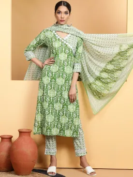 Women Green V-Neck Printed Kurta Bottom Set With Dupatta