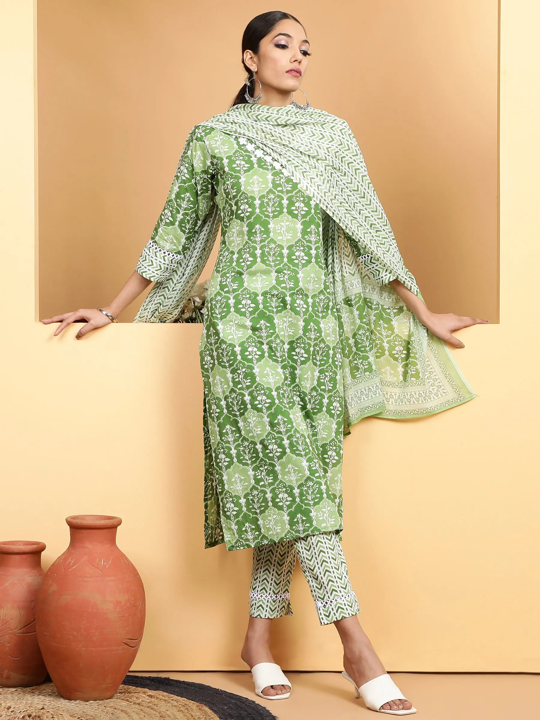 Women Green V-Neck Printed Kurta Bottom Set With Dupatta
