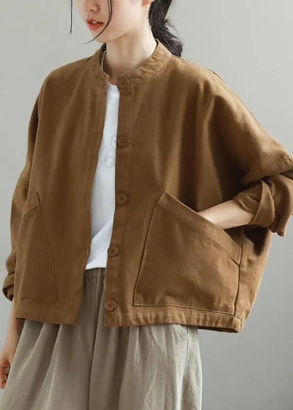 Women Khaki Stand Collar Pockets Button Fall Trench Long Sleeve