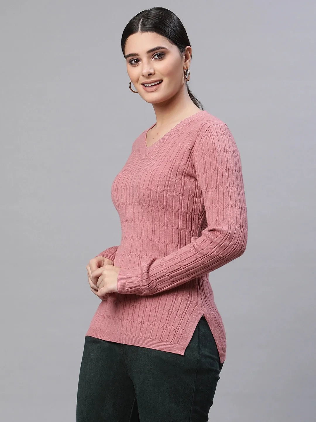 Women V-Neck Elongated Hem Pink Jacquard Regular Fit Pullover