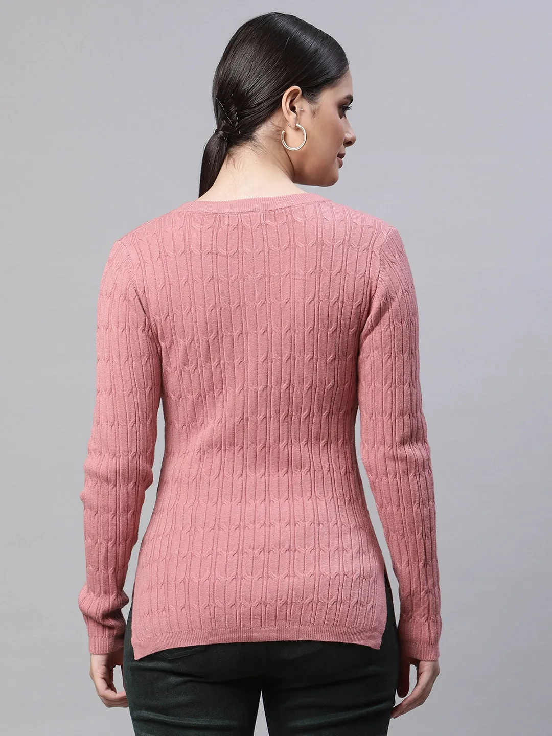 Women V-Neck Elongated Hem Pink Jacquard Regular Fit Pullover