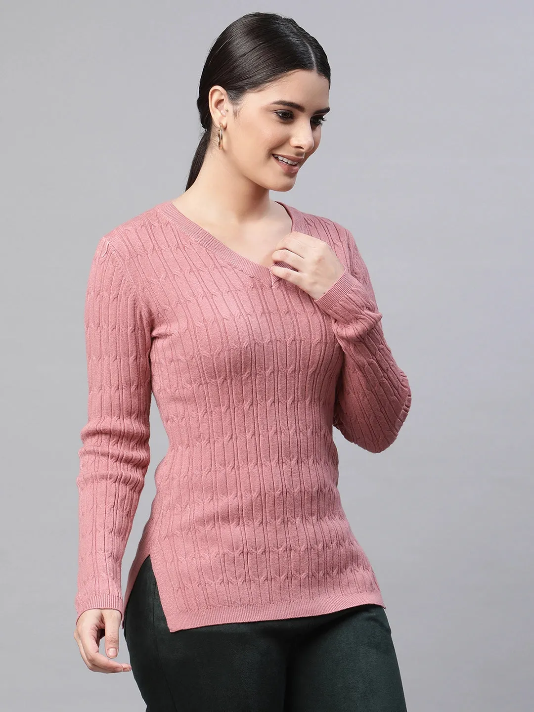 Women V-Neck Elongated Hem Pink Jacquard Regular Fit Pullover
