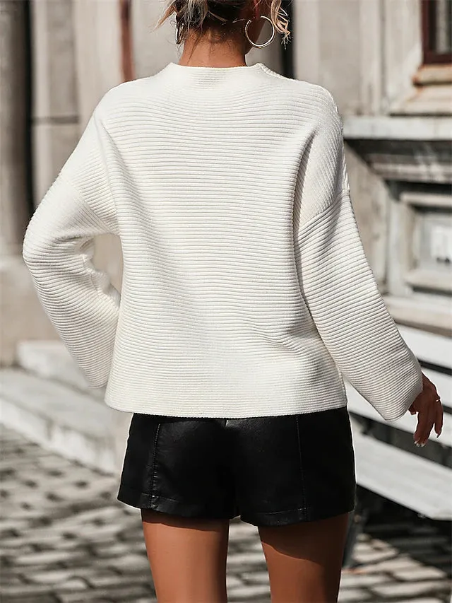Women's Modern Ribbed Crop Sweater - High Collar Knitwear Pullover