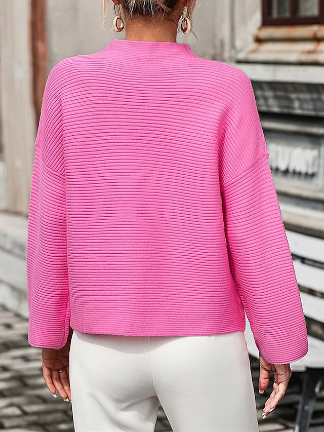 Women's Modern Ribbed Crop Sweater - High Collar Knitwear Pullover