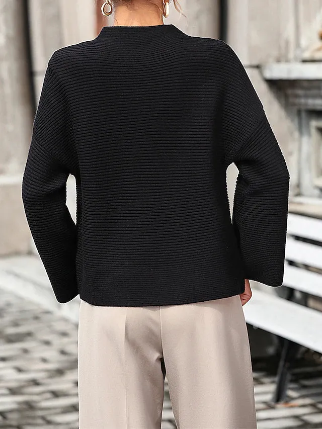 Women's Modern Ribbed Crop Sweater - High Collar Knitwear Pullover