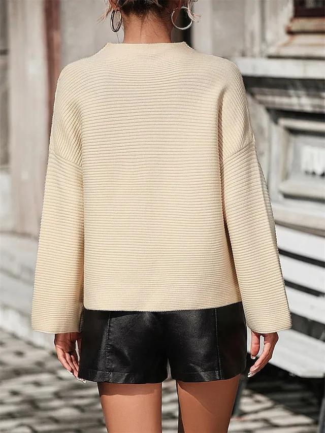 Women's Modern Ribbed Crop Sweater - High Collar Knitwear Pullover