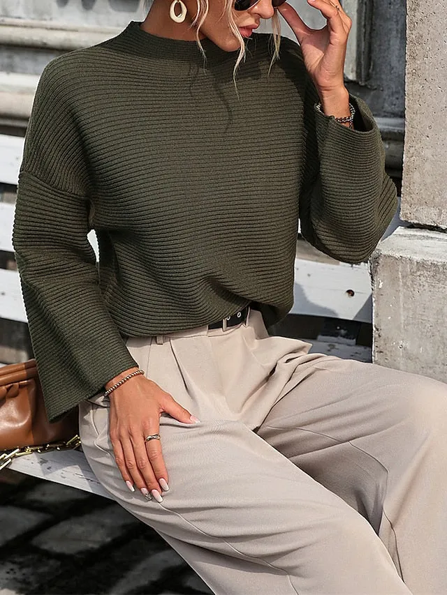 Women's Modern Ribbed Crop Sweater - High Collar Knitwear Pullover