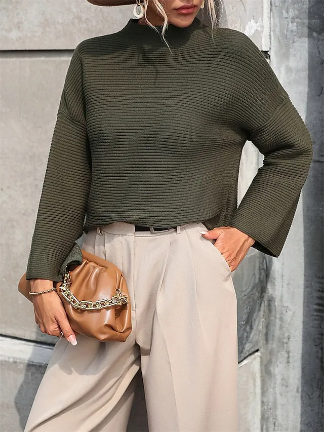 Women's Modern Ribbed Crop Sweater - High Collar Knitwear Pullover