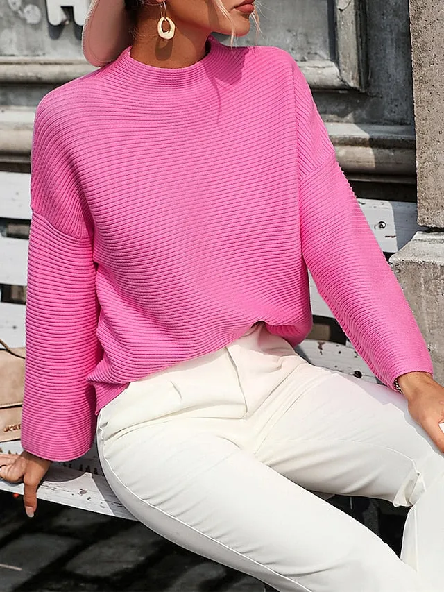 Women's Modern Ribbed Crop Sweater - High Collar Knitwear Pullover