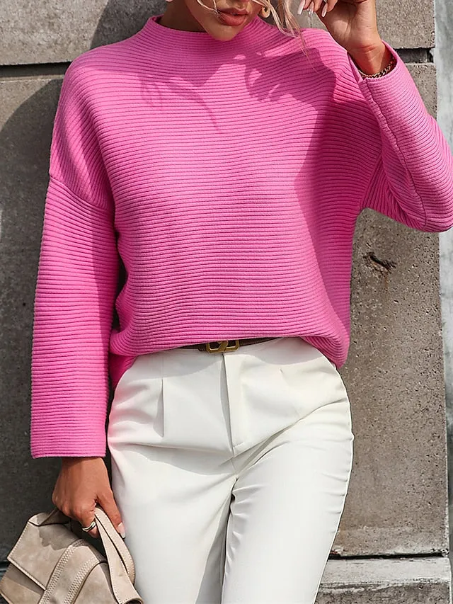 Women's Modern Ribbed Crop Sweater - High Collar Knitwear Pullover