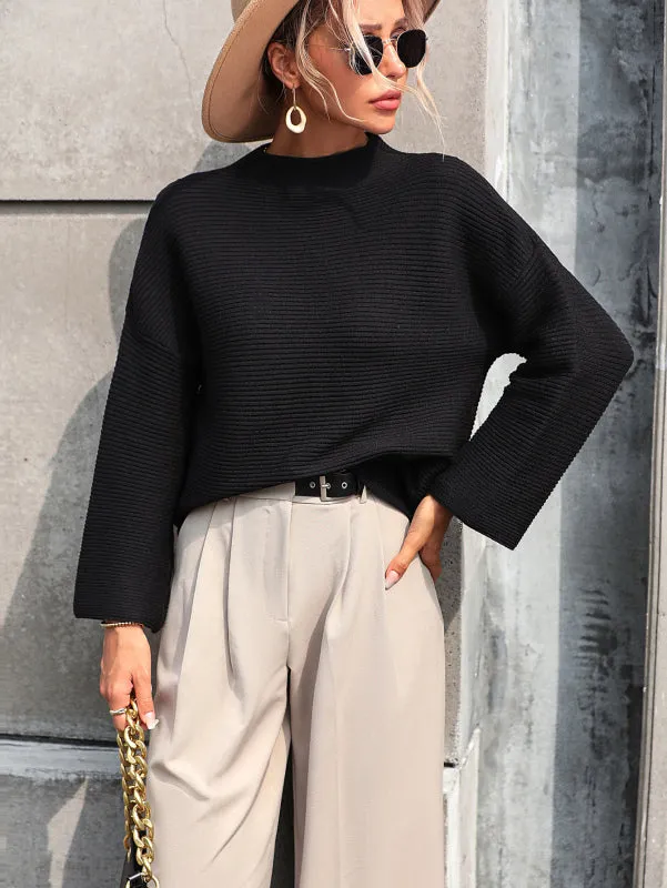 Women's Modern Ribbed Crop Sweater - High Collar Knitwear Pullover