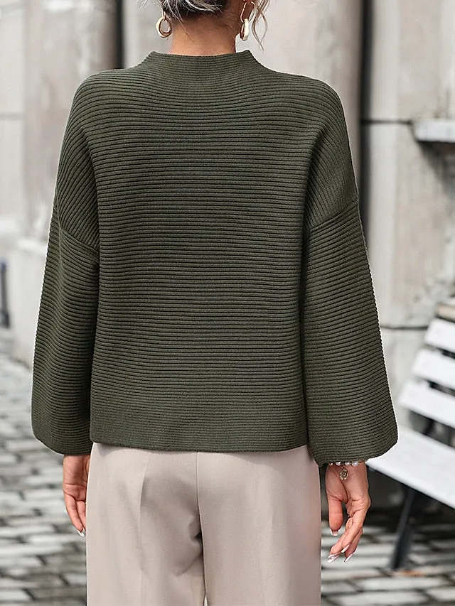 Women's Modern Ribbed Crop Sweater - High Collar Knitwear Pullover