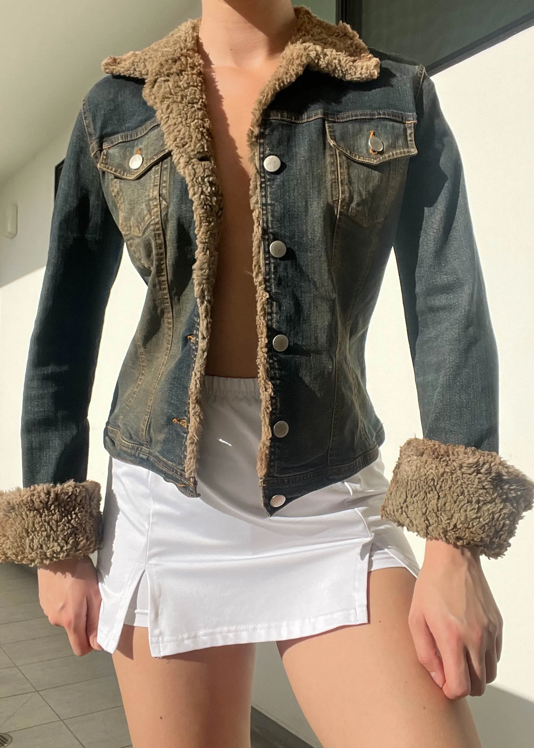 Y2k Fuzzy Fur Trim Denim Jacket (S)