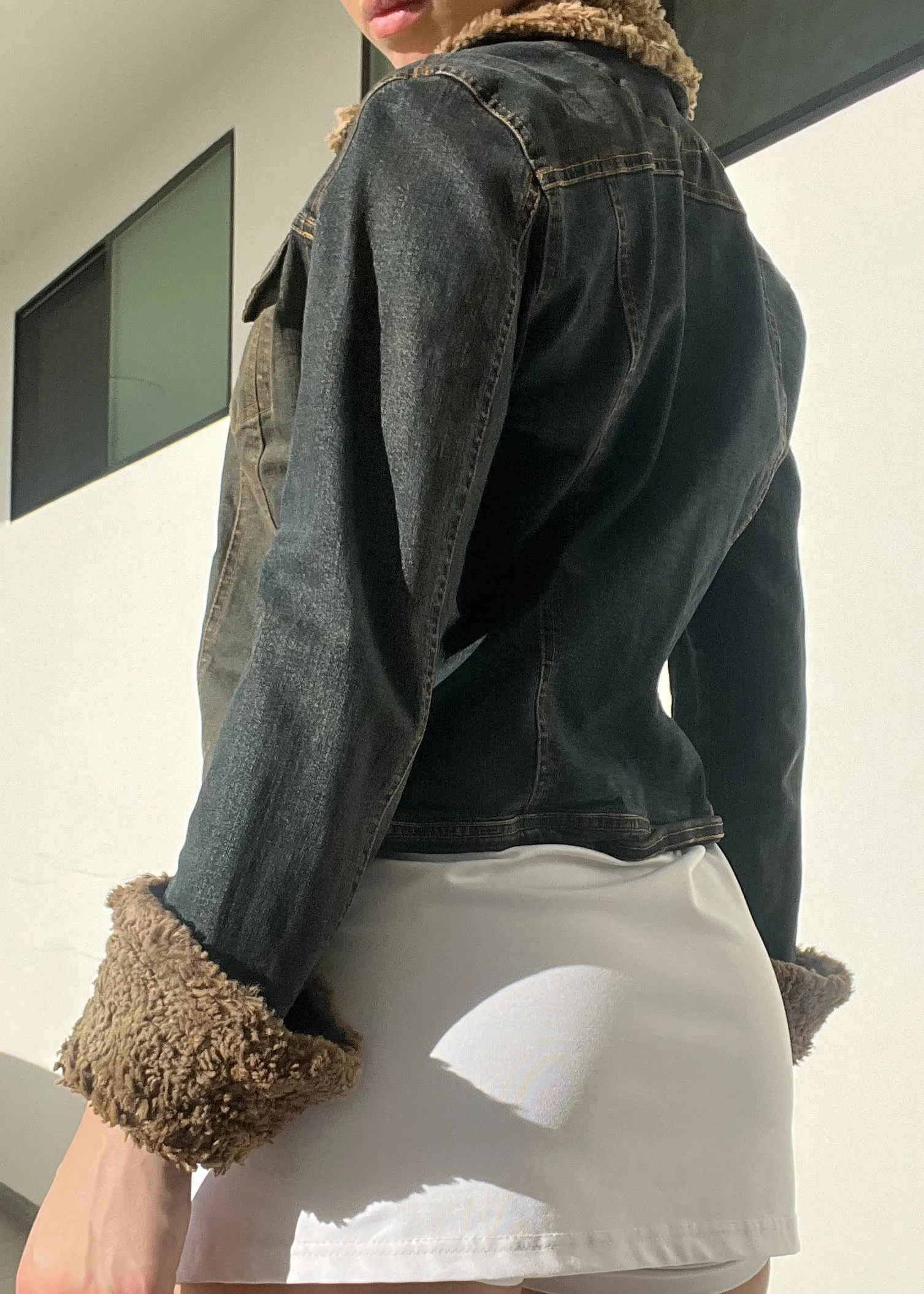 Y2k Fuzzy Fur Trim Denim Jacket (S)