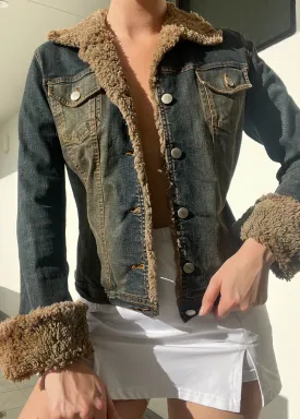 Y2k Fuzzy Fur Trim Denim Jacket (S)
