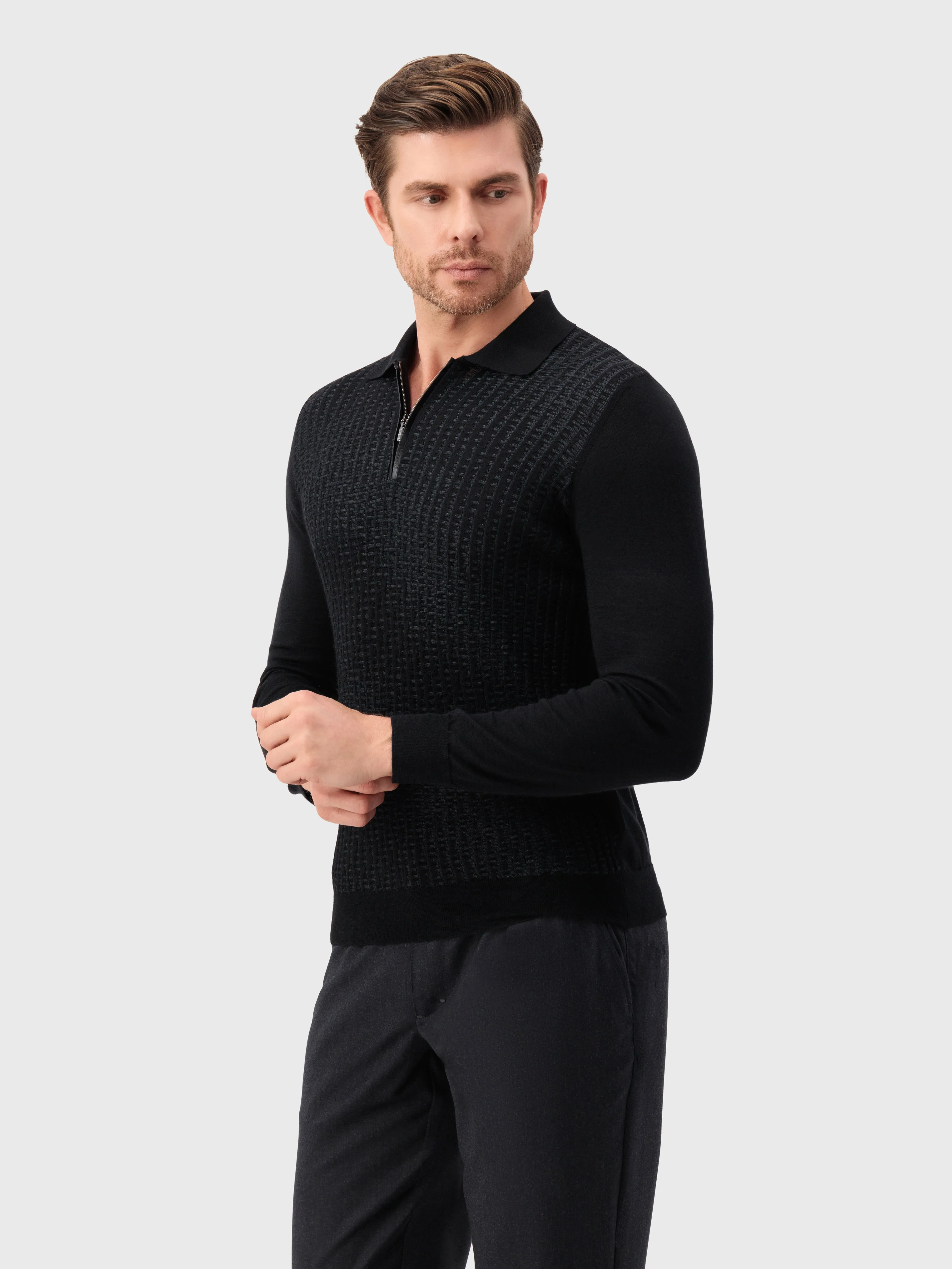 Zipped Knitwear Polo in Cashmere and Silk Black